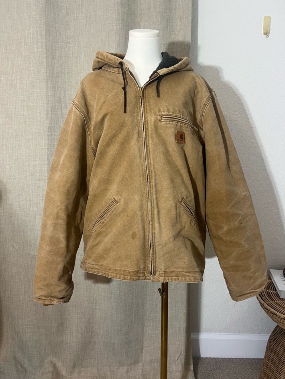 Carhartt Sherpa Lined Duck Work Jacket Sierra Style Tan Canvas Size Large